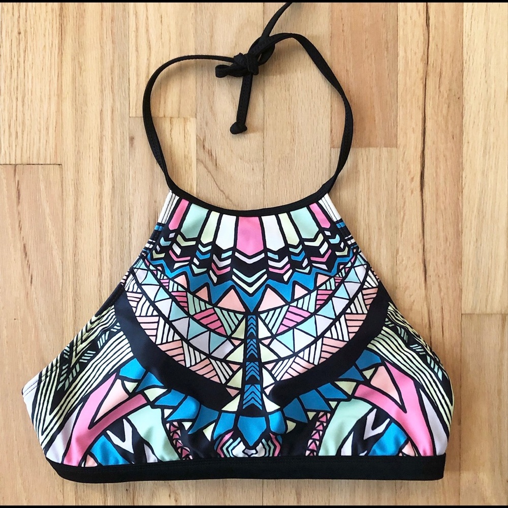 Neon Geometric Print High Neck Bikini Top-L